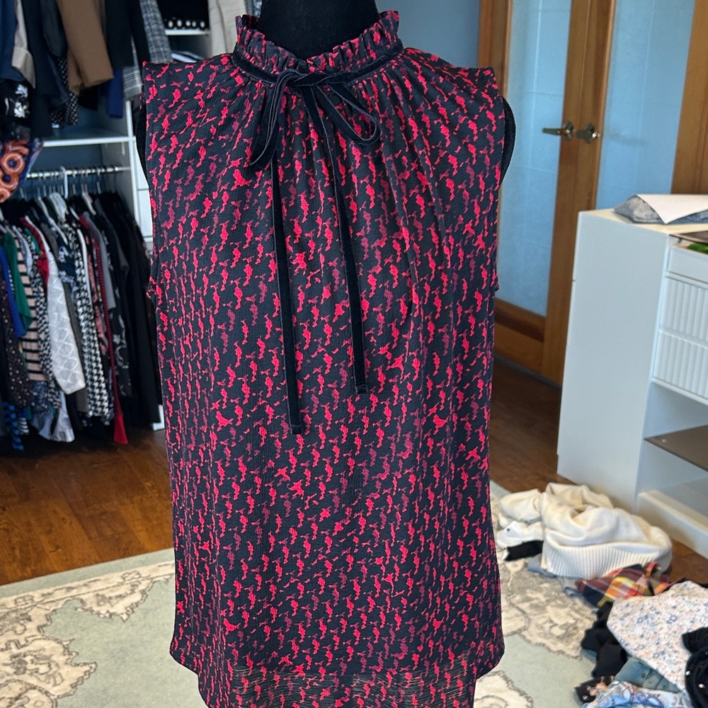 Worthington Black and Hot Pink Tie-Neck Sleeveless Blouse